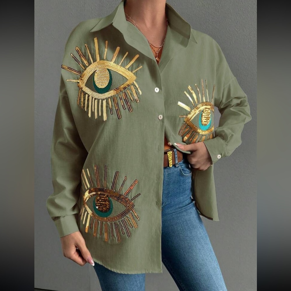 Boho blue eye embroidered button down long sleeve shirt - Picture 5 of 5